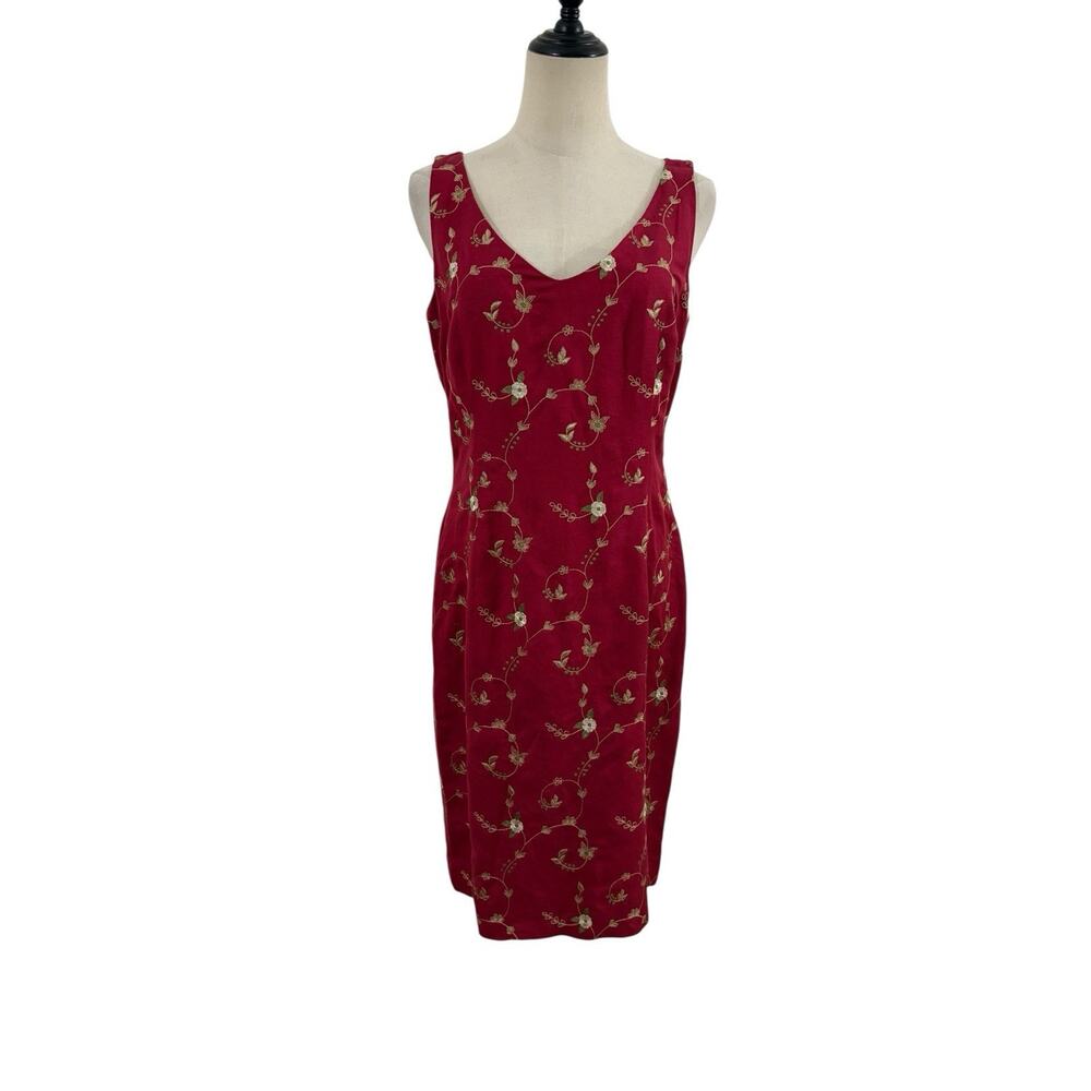 Vtg 90s Maggie London Linen Blend Red Dress Sheath‎ Embroidered Floral Sz 8 Y2K